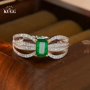 Пръстени от бяло злато KUGG 100% 18 Карата, Луксозно пръстен с естествен изумруд, Класически годежен пръстен с диамант, за жени, подарък за участието, празник