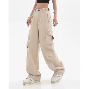 Панталони-карго в стил уличен хип-хоп с множество джобове, дамски улични свободни панталони в стил хип-хоп, всекидневни монофонични директен гащеризон с широки штанинами