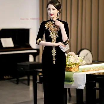 2023 китайското подобряване на рокля чонсам с национална бродерия на цветя бархатное ципао елегантна ретро банкет вечерна рокля vestido qipao