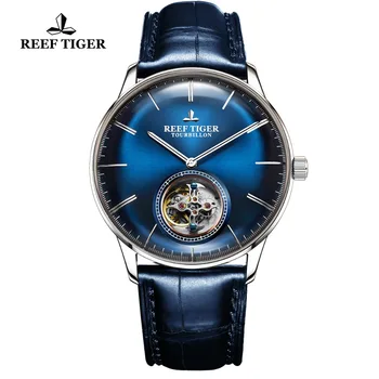 Reef Тигър/RT Луксозни маркови автоматични механични часовници със синьо турбийоном Мъжки часовници с кожена каишка на relogio masculine RGA1930