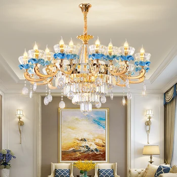 Стилен полилей за всекидневната, синя керамична кристален лампа, полилей за всекидневната, вила, луксозен и елегантен хотел, ресторант