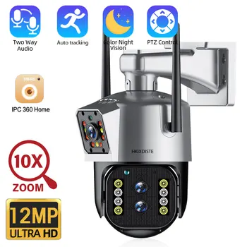 4K 12MP 10X Zoom Двухобъективная PTZ Wifi Камера Външно Автоматично Следене на Безжична Камера за Видеонаблюдение Цветно нощно виждане