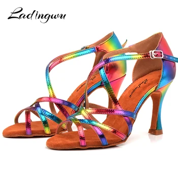 Ladingwu/ модни обувки за латино танци, дамски сандали за салса от изкуствена кожа цветове на дъгата, уникален дизайн и мека подметка от латекс, Размер 33-44