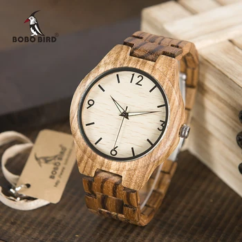 Мъжки часовник BOBO BIRD, най-добрата марка за луксозни дървени часовници Zebra с каишка от естествена дървесина, кварцов часовник в дървена кутия за подарък