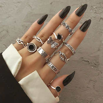 IFMIA Реколта със сребърно покритие ретро модни пръстени във формата на змии и пеперуди за жени, комплект пръстени в стил пънк с цветен модел на Луната, бижута за пръстите на Унисекс