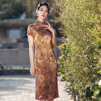 Лятото китайското елегантна рокля Qipao-секси ретро атласное рокля със средна дължина, с принтом Супериорна Чонсам Модерни стаи вечерни рокли