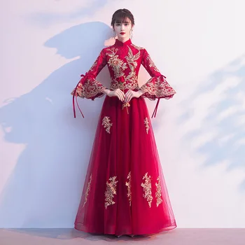 Бордо апликация булка, сватбената парти пола Чонсам Елегантни тънки дълги мрежести вечерни рокли сладко китайското рокля с изгорени ръкави