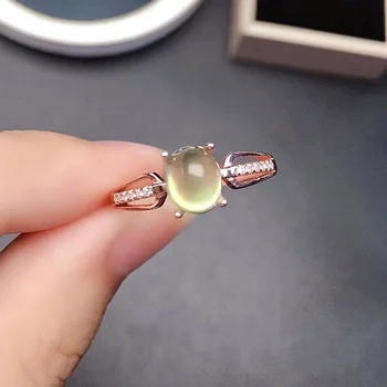 Просто сребърен пръстен с пренитом за ежедневието 6 мм *8 мм, сребърен пръстен с естествен пренитом, бижута от сребро 925 проба с пренитом