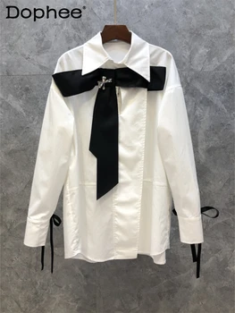 Бяла риза с лък във френски стил, дамски 2022, пролет-лято, нови дрехи, без темперамент, Универсална офис блуза с дълъг ръкав, топ
