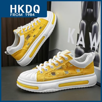 HKDQ Летни Парусиновые Жълти Всекидневни, Спортни Мъжки маратонки С масивен корпус Мъжки обувки за скейтборд Дишаща устойчива на плъзгане Мъжки Тенденция обувки