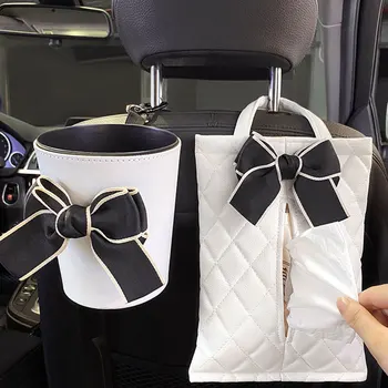 Кутия за салфетки от бяла кожа с лък, женствена чанта за съхранение на салфетки в задната част на автомобил столове, творчески окачен авто кофа за боклук с лък, интериор