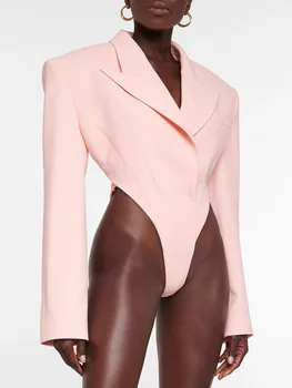 Розово всекидневни женски костюм, сако, 1 бр., гащеризон, яке, памучно сексуално кух палто с високо качество в една пуговице (без панталони)