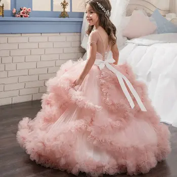 Тези розови рокли принцеса с един прашен волани и цветя модел за момичета, празнична рокля за момичета за рожден ден, рокля за първо причастие