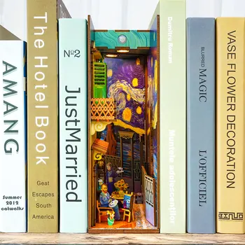Новият книжен ъгъл със собствените си ръце Модел на света на Ван Гог Дървена bookend bookshelf Поставяне на библиотеката със светлината Комплект работи играчка за детско подарък
