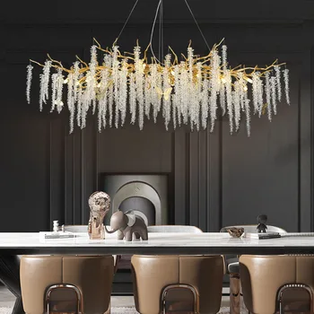 Лампа луксозна ресторанная полилей кристален лампа дълга ивица художествена творческа клонка хол американската трапезария лампа crystal