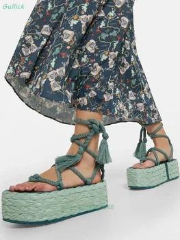 Сандали-espadrilles на платформата с джапанки, открит чорап, дебел ток, чрез шнурове на щиколотке, зелен, телесен цвят розов, мода 2023 г., лятна обувки с преминаването каишка