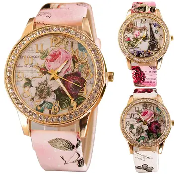 Лидер в продажбите!!! Дамски кварцов часовник с цветен модел, инкрустирани кристали, кръг на циферблата, каишка от изкуствена кожа, модерни кварцови ръчни часовници за жени