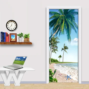 Модерна стикер за декорация на вратата на хола, стенни картини, PVC, водоустойчив стикер, Мальдивский морски пейзаж, кокосова палма, Снимки, 3D тапети за врати