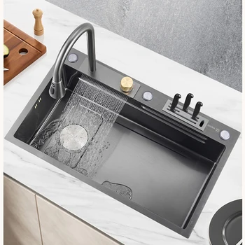 Мивка с ляв източване от неръждаема стомана 304, кухненска мивка с водопад, голяма однощелевая мивка за миене на съдове, нано-мивка за измиване на зеленчуци