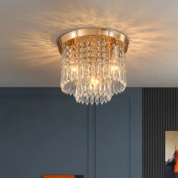 Окачен кристална тавана лампа за коридор, хол, спалня, лампи за дома, златисто-сребриста повърхност, осветление за коридор