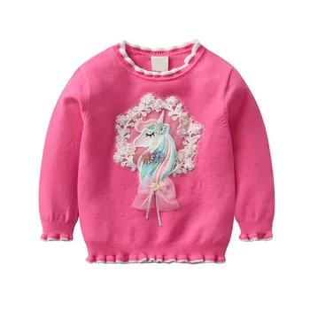 Есента вязаный пуловер за малки момичета, трикотажни изделия за деца, върхове с анимационни деколте и дълъг ръкав, пуловер за момичета, детски хубава горна дреха принцеса
