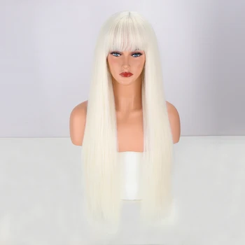 Светъл синтетични перука с дълга права коса, перука за бяла жена, cosplay, естествена коса, топлоустойчиви