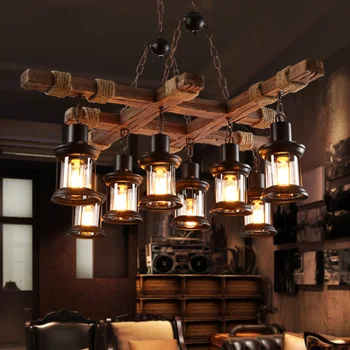 Американската ретро дървена полилей в индустриален стил, творчески окачен лампа, носталгично украса бара, кафене, ресторант, окачена лампа