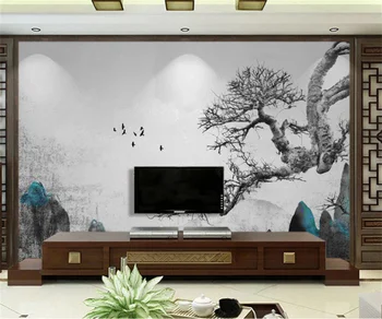 Потребителски тапети Нов китайски абстрактен тъмен пейзаж разклонение на дърво птица диван, телевизор и спалня на фона на стените, 3d тапети