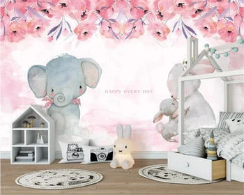 Потребителски тапети фото пинк един слон теле зайо на фона на детската стая стенни рисувана декорация на дома, детска градина, 3d тапети