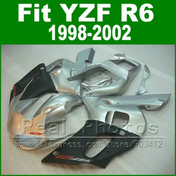 Безплатни обичай пластмасови части за YAMAHA R6 комплект обтекателей 1998 1999 2000 2001 2002 сребристо-черен кожух, YZF R6 98-02 автомобил