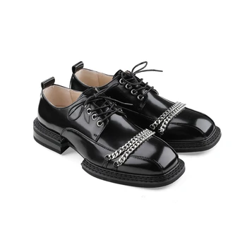 Оригинални Мъжки Кожени Обувки с Квадратни пръсти в Сребристо Метална верига Ruffian, Модерни Улични Oxfords С Индивидуалността на един Млад Човек