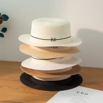 Нови дамски сламени шапки с бродирани букви, панама, джаз шапка с широка периферия, лятна шапка, дамска шапка от слънцето, проста шапка с плосък покрив