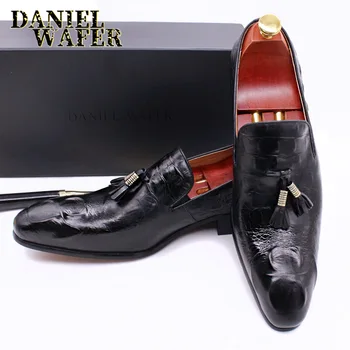 Мъжки лоферы с пискюли, италиански обувки от естествена кожа с крокодиловым модел, обувки с остри пръсти на педалите, сватбена офис мъжки официалната обувки