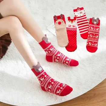 Есенно-зимни коледни червени чорапи, обемни коледни чорапи с герои от анимационни филми, сладък дамски чорапи-тръба с участието на лоса
