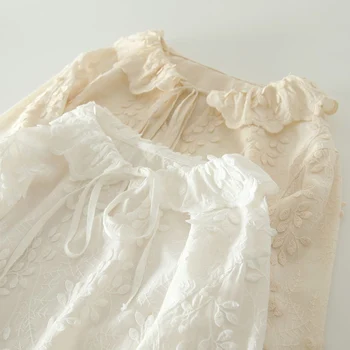 Пролет-есен свободна блуза с обемно бродерия, дамски блуза бежов бял на цвят с дълъг ръкав, потници Kawaii Mori Момиче, U183