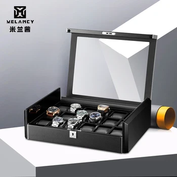 MELANCY Carbon Fiber Черна Кутия За Часовници Луксозен Дисплей Кутии За Съхранение 18 Часа Дървен Калъф С Капаче От Изкуствена Кожа