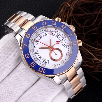 Мъжки часовника 44 мм Водоустойчив каучук rose gold Механизъм за самостоятелно ликвидация Механичен мъжки часовник със синя керамика безелем от неръждаема стомана