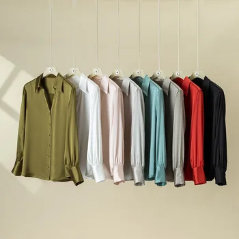 Дамска риза от 100% естествена коприна от еластичен креп-сатен, дамски пролетно сатен блуза с V-образно деколте и дълги ръкави от сатен, риза от коприна тутового цвят