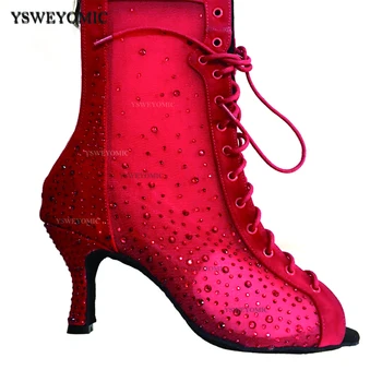 Обувки за Латино Танци, Бални Танци за Салса, Обувки за Кизомбы, Социална Обувки По Поръчка, Черни, Червени Фланелен Дамски Обувки За Танци С Кристали