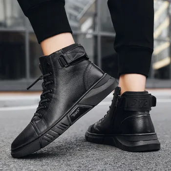 Нови есенно-зимни кожени мъжки ботильоны, черен удобни ежедневни обувки са с високо берцем, модни мъжки обувки на британския стил 2023 година