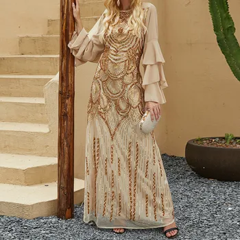 Висококачествено Луксозно Maxi-дълга рокля с бродерия с пайети, златист многослоен ръкав с рюшами, арабско рокля Турция, Оман, Мароко, Дубай, Абайя