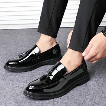 Мъжки лоферы, луксозна висококачествена мъжка бизнес модельная обувки от лачена кожа, черна ежедневни социална обувки, мъжки обувки