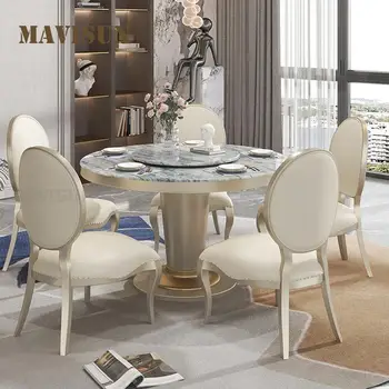 Кръгла маса в американски стил с мраморен превръщането на масата с Устойчива рамка от неръждаема стомана, маса за Хранене, Луксозна кухненска маса и стол