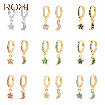 ROXI Цветни звезди Moon обици-халки за жени Бижута от сребро 925 проба висящи обеци Сватбена украса Pendientes Mujer