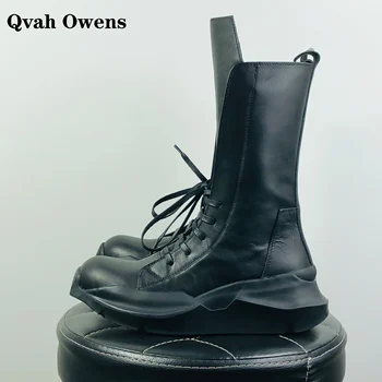 Qvah Owens / мъжки ежедневни обувки на платформа, луксозни маратонки от естествена кожа, дамски маратонки дантела, градинска есенна черни обувки с цип