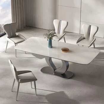 Лесен Луксозен модерен минималистичен правоъгълен потребителска маса за хранене и столове от плоча от неръждаема стомана