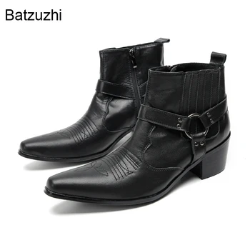 Batzuzhi / Красив мъжки обувки, Черни обувки от естествена кожа с остър бомбе, Мъжки Къси Ботильоны, Каубойски Мотоциклетни ботуши в западен стил, 37-47