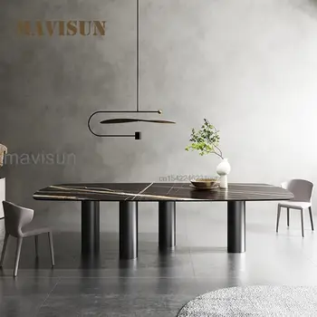 Модерен минималистичен маса за хранене за голям апартамент, устойчива на мебели за вила, плот от черна каменна плоча с дължина 2,4 м, с кухненски плот с дължина 2,6 м