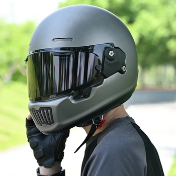 Ретро 3C полнолицевой каска, сиво, грах, мотоциклет шлем, анти-UV и HD обектив, ABS черупка, каска за мотокрос, ветрозащитный унисекс