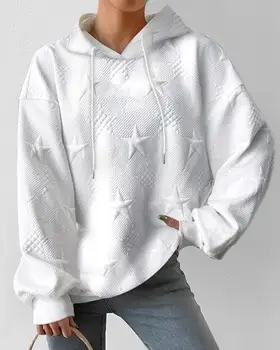 Жена пуловер с качулка, новост 2023 г., однотонная ежедневни hoody с качулка и звездна материи, блузи с дълги ръкави, hoody с качулка